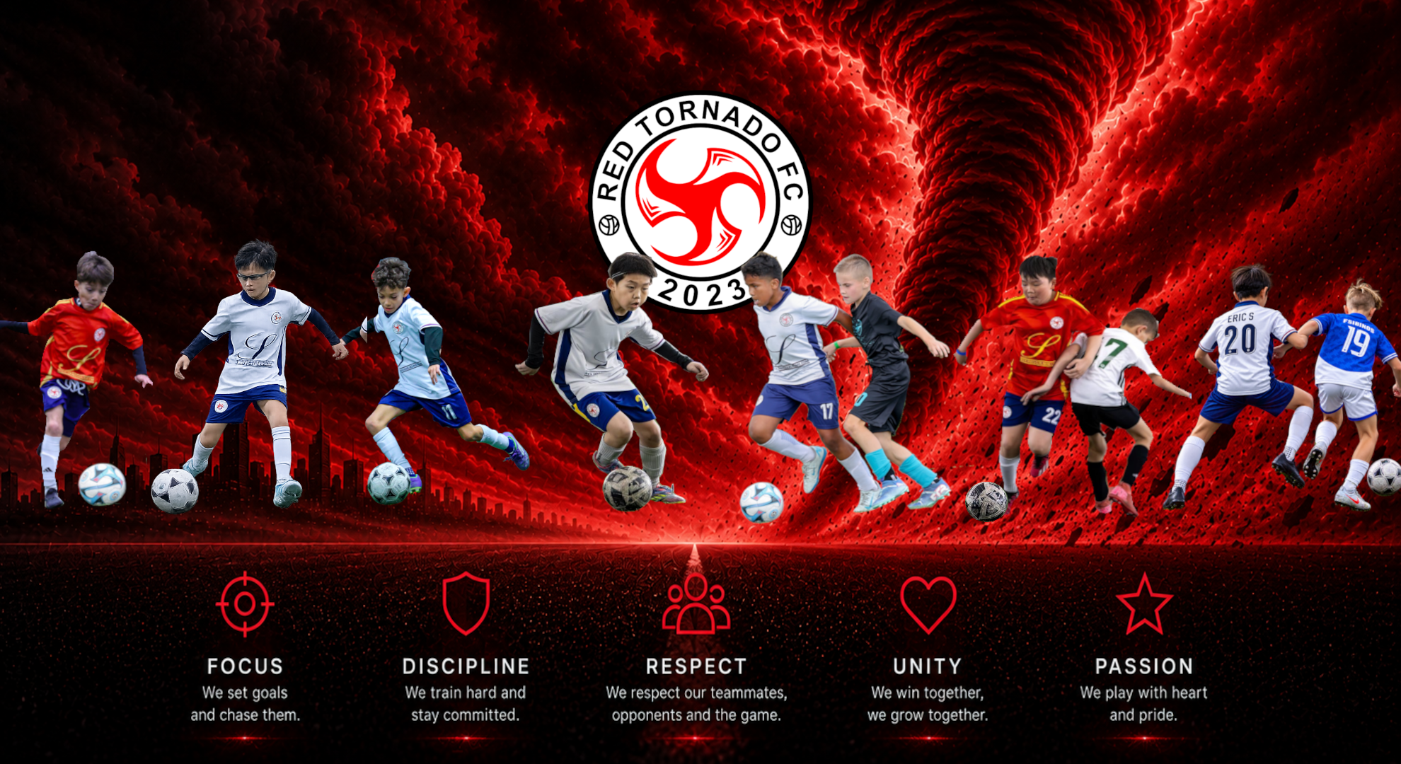 Red Tornado FC players and tornado background